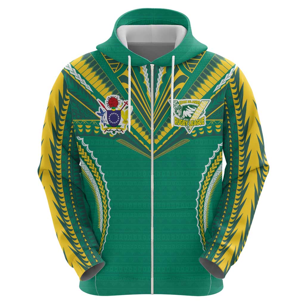 Custom Cook Islands Rugby Zip Hoodie Tatau Art Sport Style Green Color LT03 - Polynesian Pride