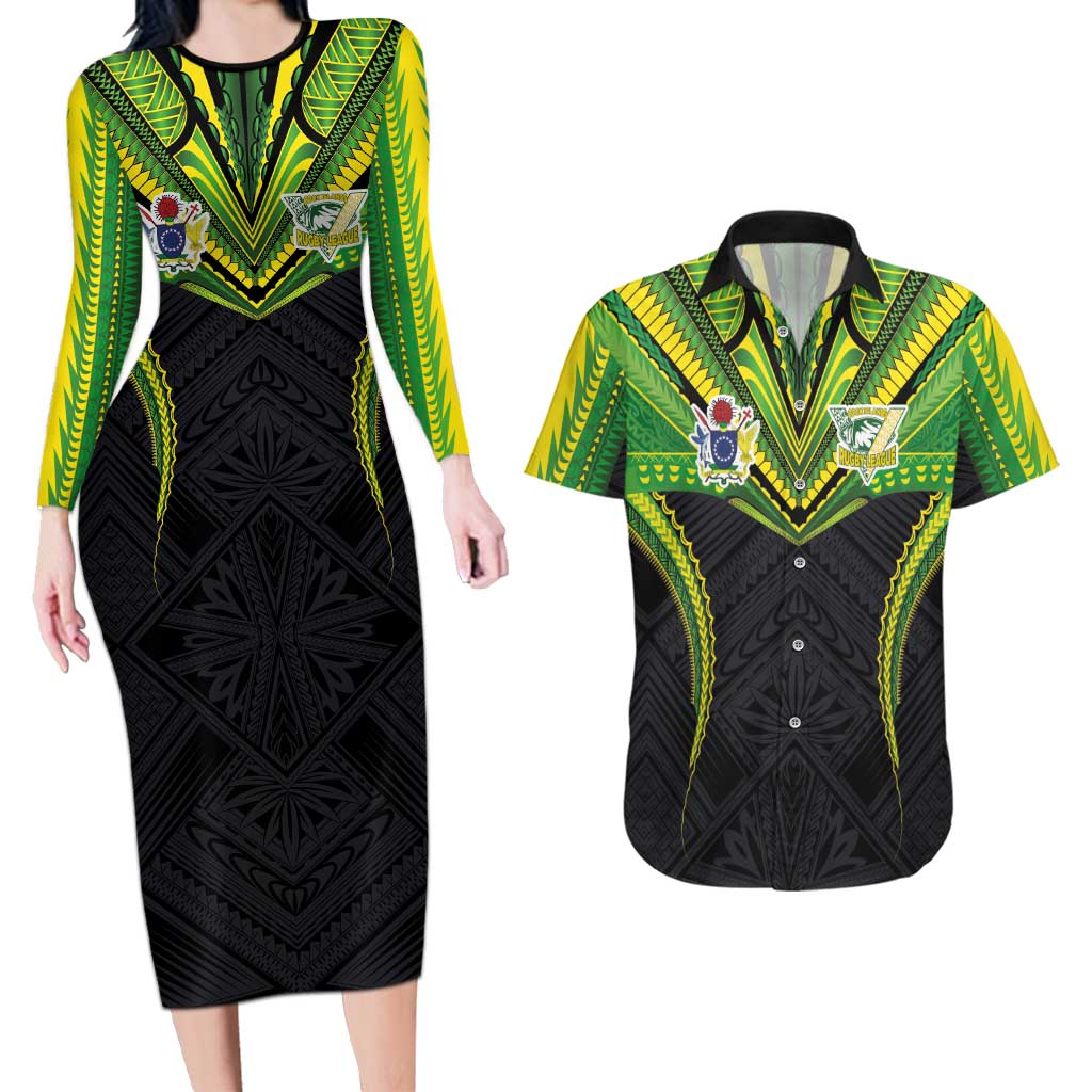 Custom Cook Islands Rugby Couples Matching Long Sleeve Bodycon Dress and Hawaiian Shirt Tatau Art Sport Style Black Color LT03 Black - Polynesian Pride
