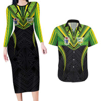 Custom Cook Islands Rugby Couples Matching Long Sleeve Bodycon Dress and Hawaiian Shirt Tatau Art Sport Style Black Color