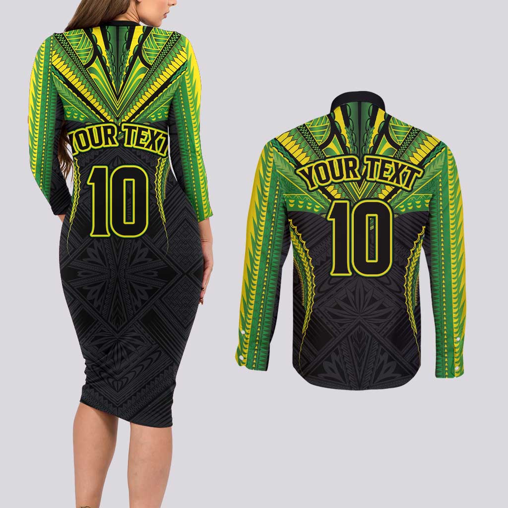 Custom Cook Islands Rugby Couples Matching Long Sleeve Bodycon Dress and Long Sleeve Button Shirt Tatau Art Sport Style Black Color
