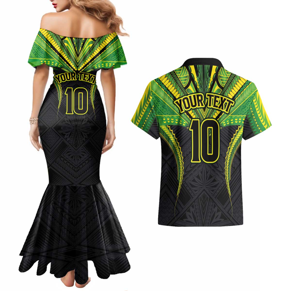 Custom Cook Islands Rugby Couples Matching Mermaid Dress and Hawaiian Shirt Tatau Art Sport Style Black Color