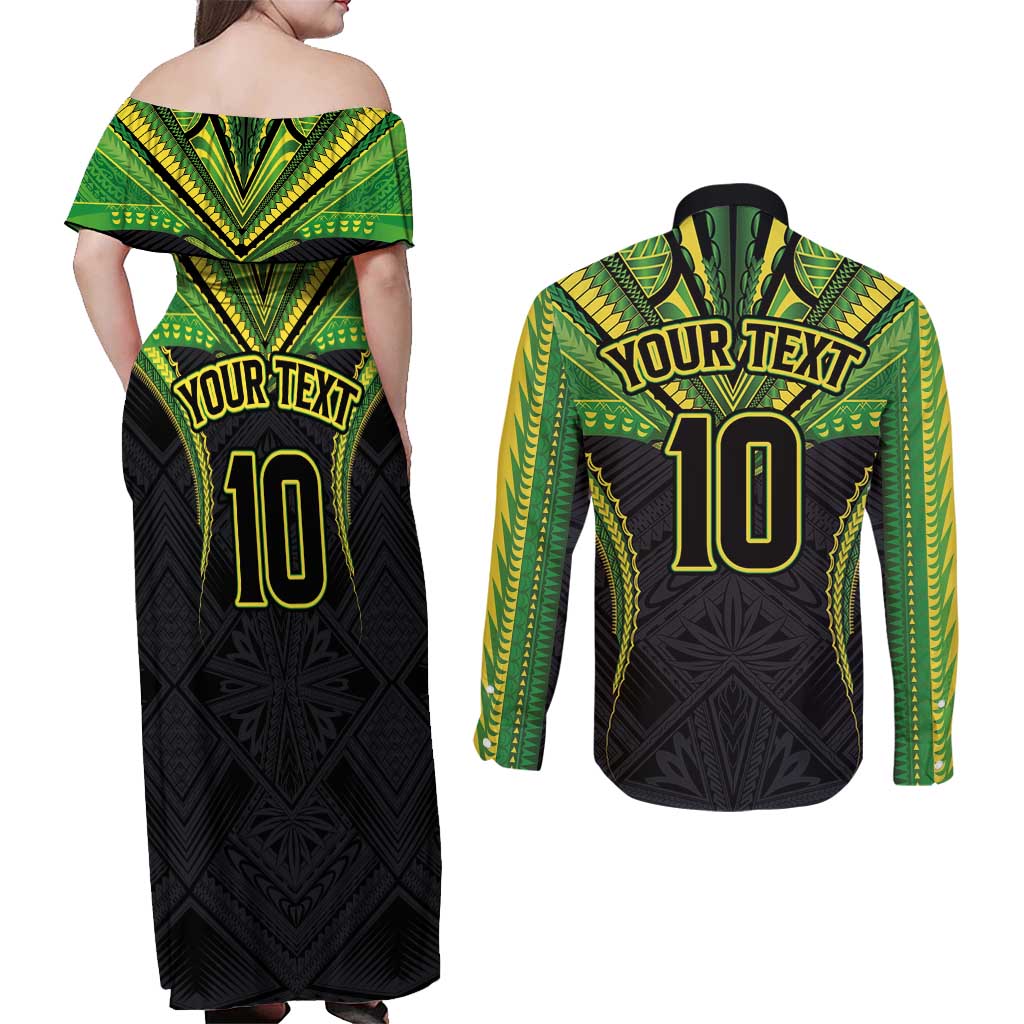 Custom Cook Islands Rugby Couples Matching Off Shoulder Maxi Dress and Long Sleeve Button Shirt Tatau Art Sport Style Black Color