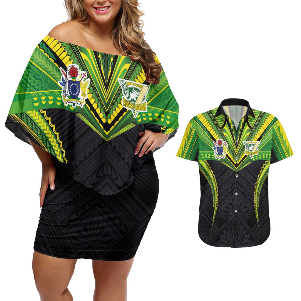 Custom Cook Islands Rugby Couples Matching Off Shoulder Short Dress and Hawaiian Shirt Tatau Art Sport Style Black Color LT03 Black - Polynesian Pride