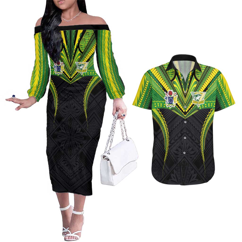 Custom Cook Islands Rugby Couples Matching Off The Shoulder Long Sleeve Dress and Hawaiian Shirt Tatau Art Sport Style Black Color