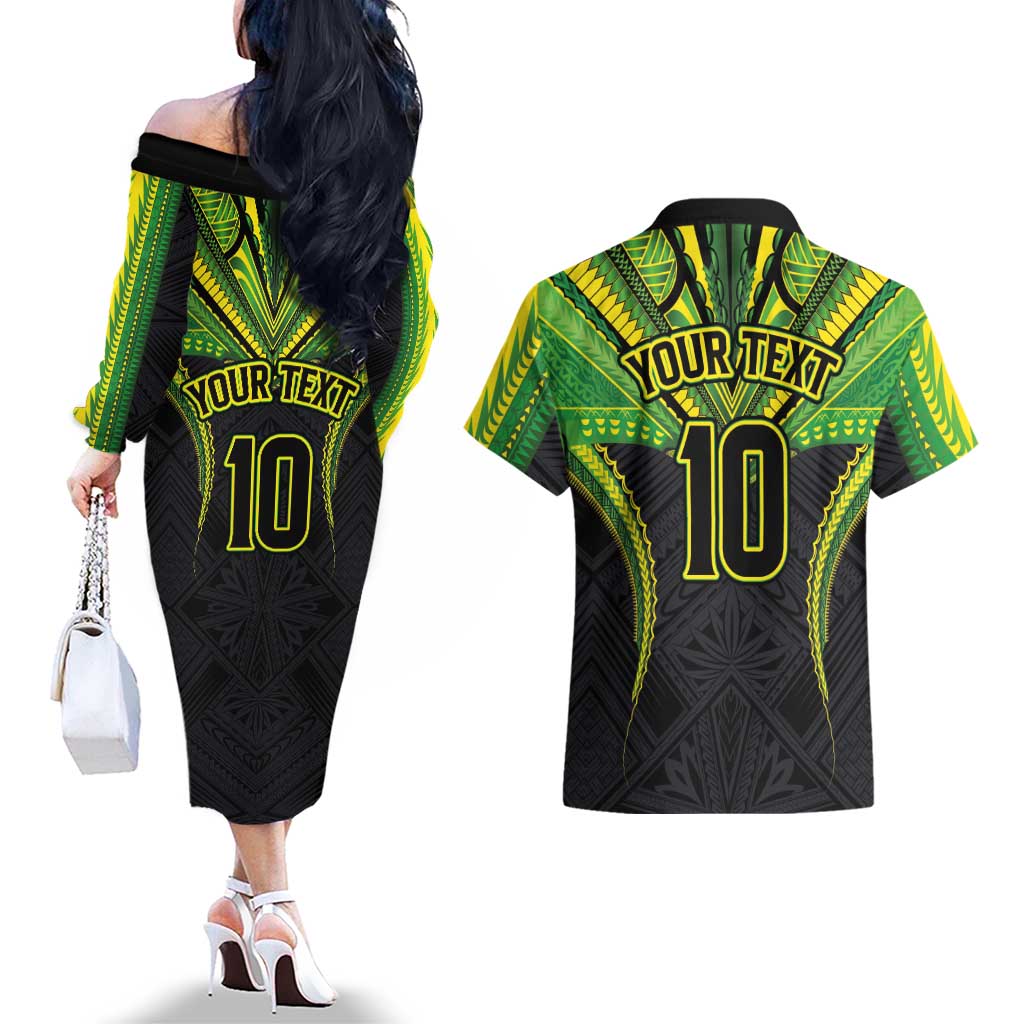 Custom Cook Islands Rugby Couples Matching Off The Shoulder Long Sleeve Dress and Hawaiian Shirt Tatau Art Sport Style Black Color