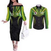 Custom Cook Islands Rugby Couples Matching Off The Shoulder Long Sleeve Dress and Long Sleeve Button Shirt Tatau Art Sport Style Black Color