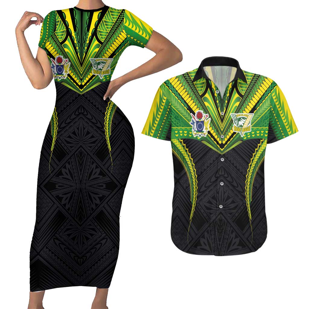 Custom Cook Islands Rugby Couples Matching Short Sleeve Bodycon Dress and Hawaiian Shirt Tatau Art Sport Style Black Color LT03 Black - Polynesian Pride