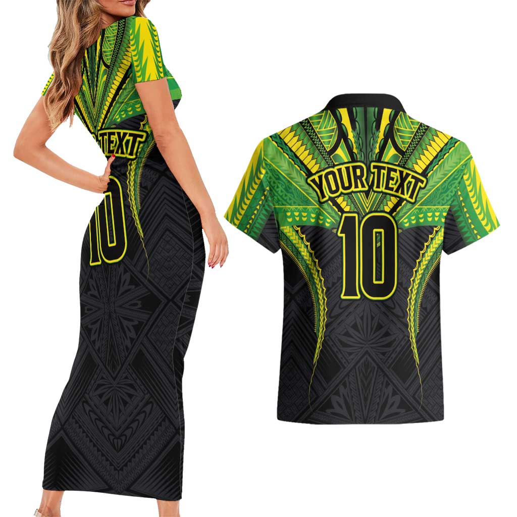 Custom Cook Islands Rugby Couples Matching Short Sleeve Bodycon Dress and Hawaiian Shirt Tatau Art Sport Style Black Color