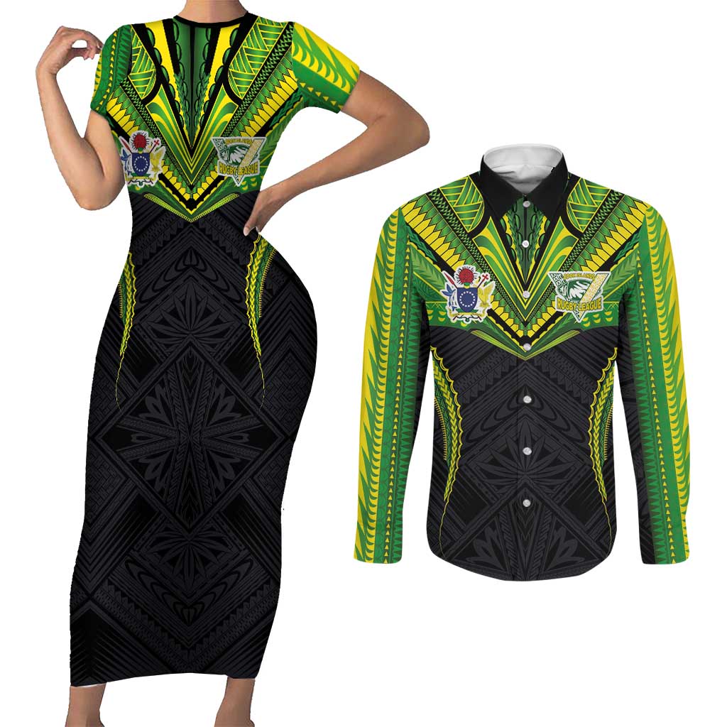 Custom Cook Islands Rugby Couples Matching Short Sleeve Bodycon Dress and Long Sleeve Button Shirt Tatau Art Sport Style Black Color LT03 Black - Polynesian Pride