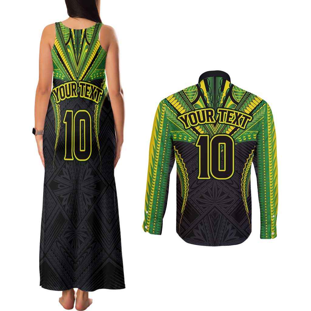 Custom Cook Islands Rugby Couples Matching Tank Maxi Dress and Long Sleeve Button Shirt Tatau Art Sport Style Black Color