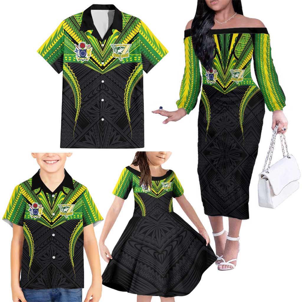 Custom Cook Islands Rugby Family Matching Off The Shoulder Long Sleeve Dress and Hawaiian Shirt Tatau Art Sport Style Black Color LT03 - Polynesian Pride