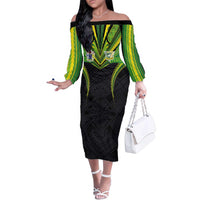 Custom Cook Islands Rugby Family Matching Off The Shoulder Long Sleeve Dress and Hawaiian Shirt Tatau Art Sport Style Black Color