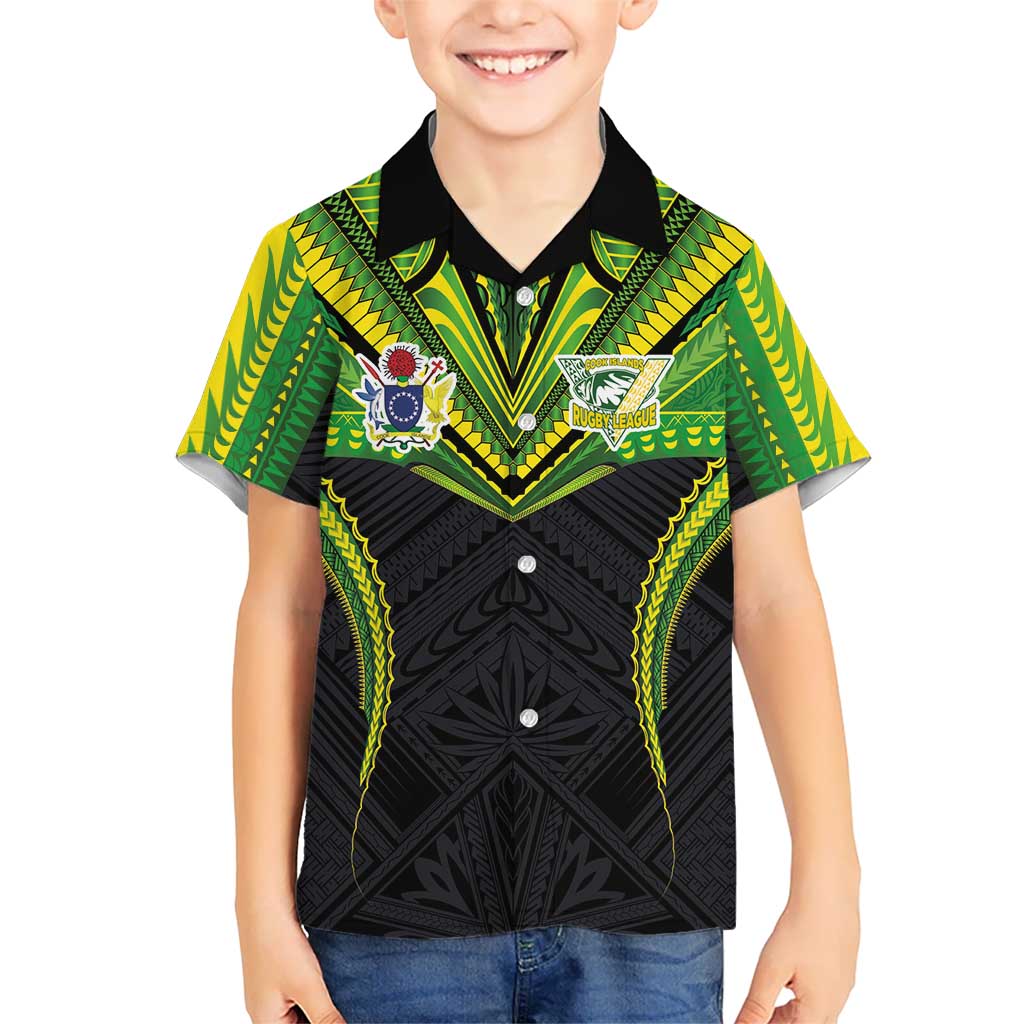 Custom Cook Islands Rugby Family Matching Off The Shoulder Long Sleeve Dress and Hawaiian Shirt Tatau Art Sport Style Black Color