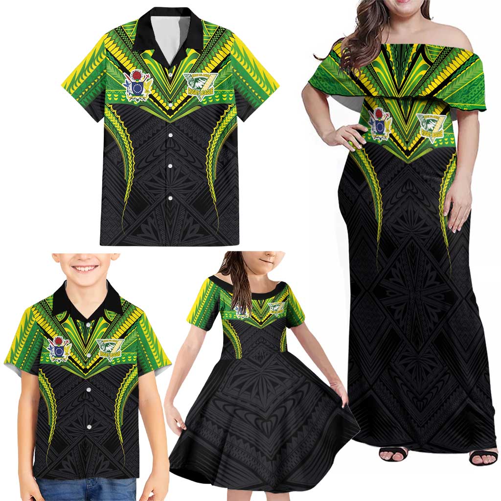 Custom Cook Islands Rugby Family Matching Off Shoulder Maxi Dress and Hawaiian Shirt Tatau Art Sport Style Black Color LT03 - Polynesian Pride