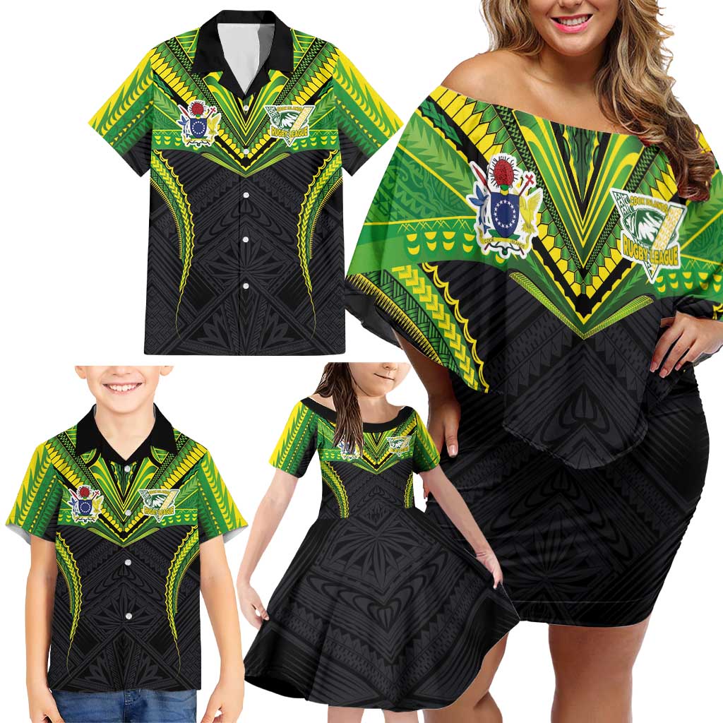 Custom Cook Islands Rugby Family Matching Off Shoulder Short Dress and Hawaiian Shirt Tatau Art Sport Style Black Color LT03 - Polynesian Pride