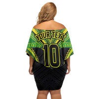 Custom Cook Islands Rugby Family Matching Off Shoulder Short Dress and Hawaiian Shirt Tatau Art Sport Style Black Color