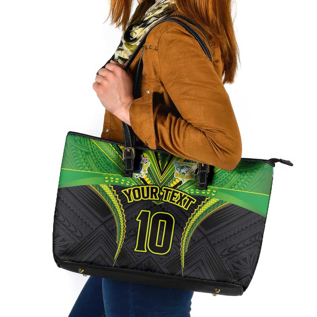 Custom Cook Islands Rugby Leather Tote Bag Tatau Art Sport Style Black Color LT03 Black - Polynesian Pride