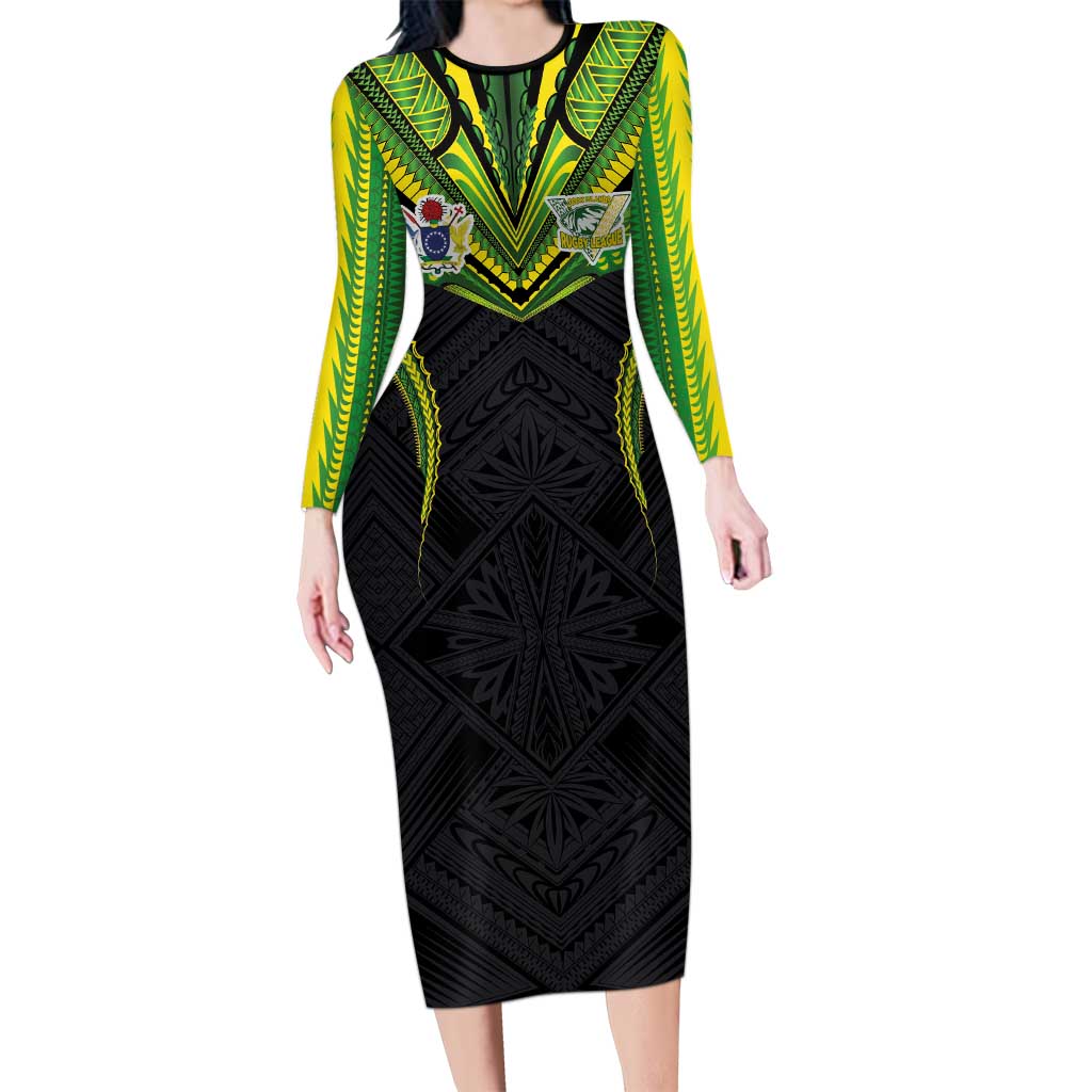 Custom Cook Islands Rugby Long Sleeve Bodycon Dress Tatau Art Sport Style Black Color LT03 Long Dress Black - Polynesian Pride