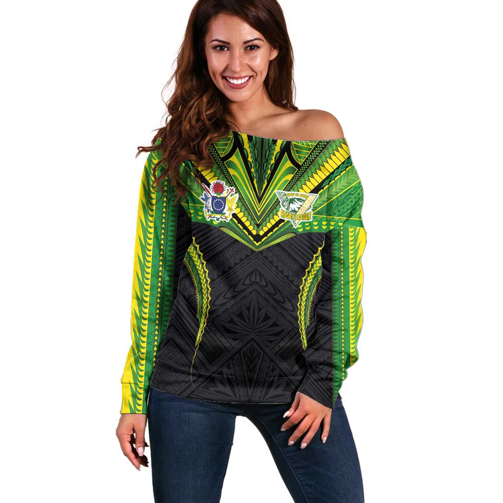 Custom Cook Islands Rugby Off Shoulder Sweater Tatau Art Sport Style Black Color LT03 Women Black - Polynesian Pride