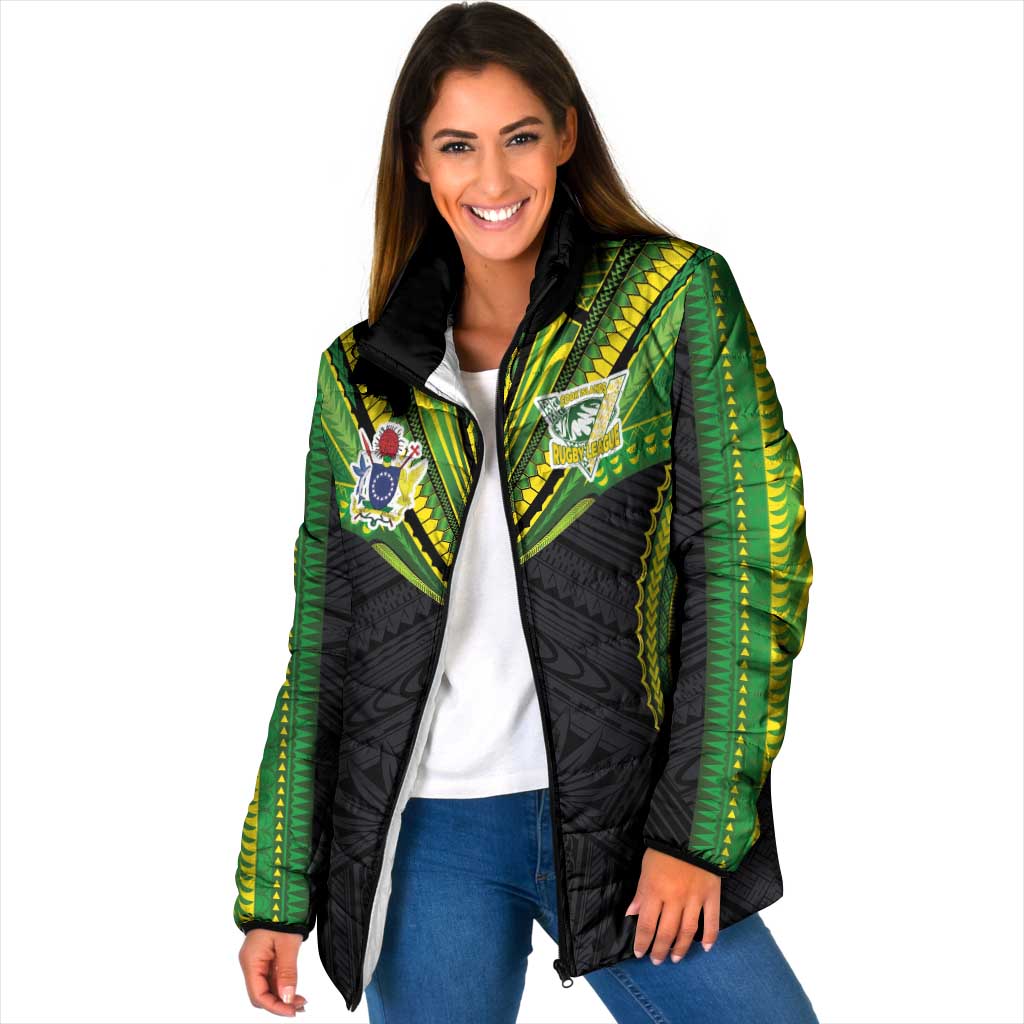 Custom Cook Islands Rugby Padded Jacket Tatau Art Sport Style Black Color LT03 Women Black - Polynesian Pride