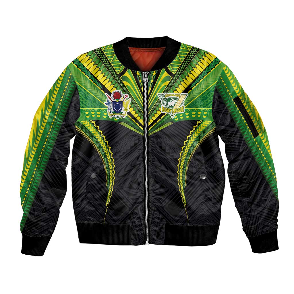 Custom Cook Islands Rugby Sleeve Zip Bomber Jacket Tatau Art Sport Style Black Color LT03 Unisex Black - Polynesian Pride
