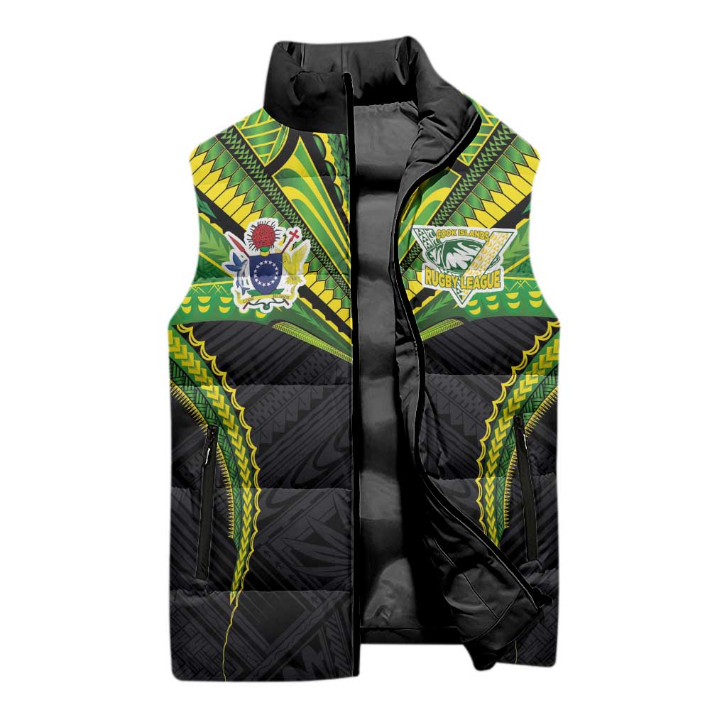 Custom Cook Islands Rugby Sleeveless Puffer Jacket Tatau Art Sport Style Black Color LT03 - Polynesian Pride