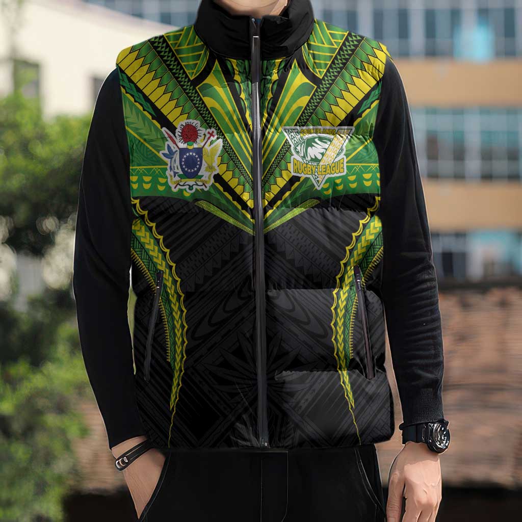Custom Cook Islands Rugby Sleeveless Puffer Jacket Tatau Art Sport Style Black Color LT03 - Polynesian Pride