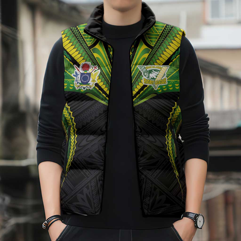 Custom Cook Islands Rugby Sleeveless Puffer Jacket Tatau Art Sport Style Black Color LT03 - Polynesian Pride