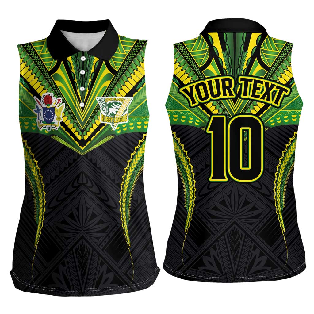 Custom Cook Islands Rugby Women Sleeveless Polo Shirt Tatau Art Sport Style Black Color