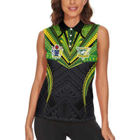 Custom Cook Islands Rugby Women Sleeveless Polo Shirt Tatau Art Sport Style Black Color