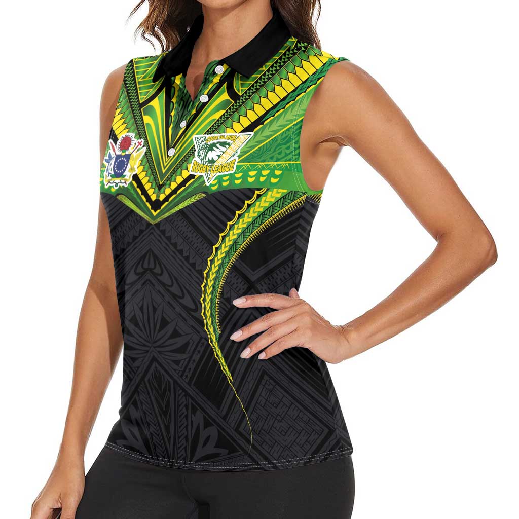 Custom Cook Islands Rugby Women Sleeveless Polo Shirt Tatau Art Sport Style Black Color