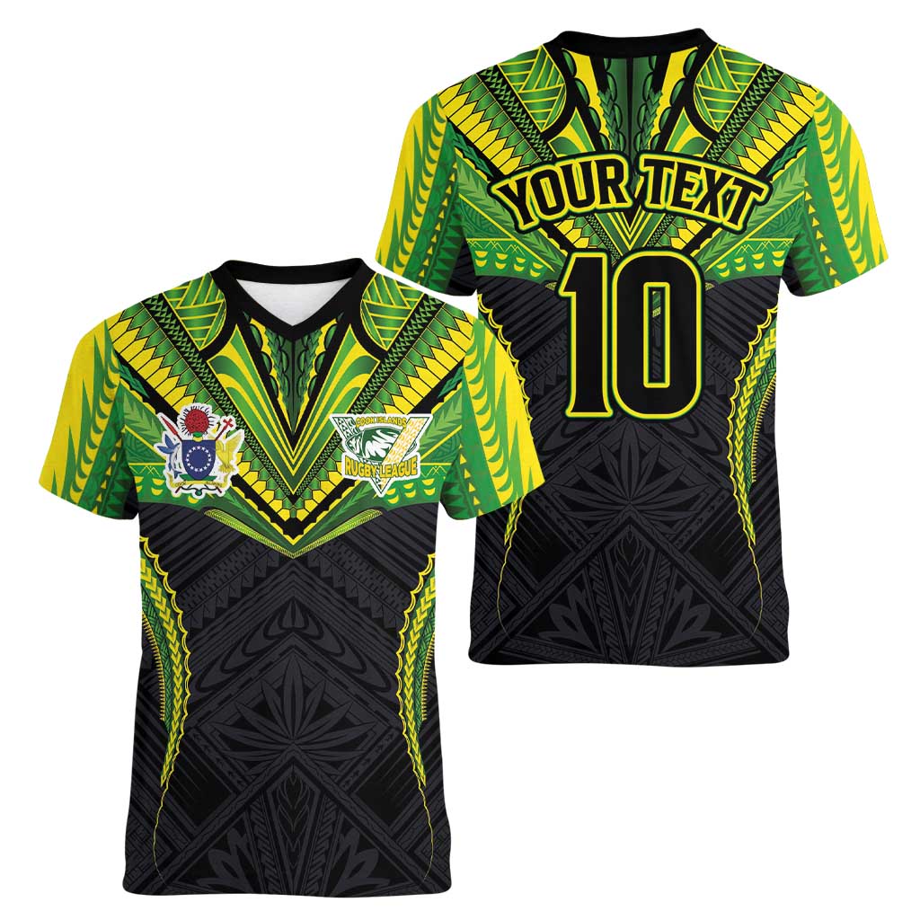 Custom Cook Islands Rugby Women V-Neck T-Shirt Tatau Art Sport Style Black Color