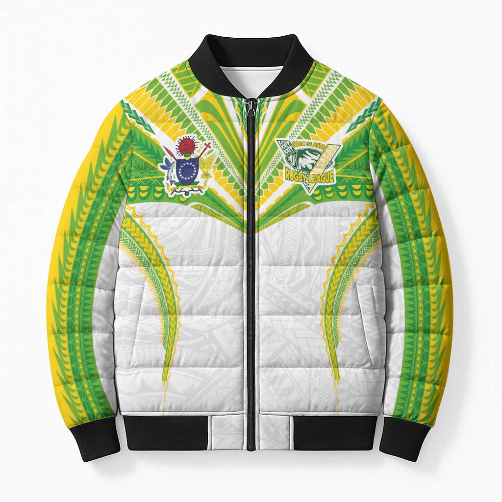 Custom Cook Islands Rugby Bomber Puffer Jacket Tatau Art Sport Style White Color LT03 Unisex White - Polynesian Pride