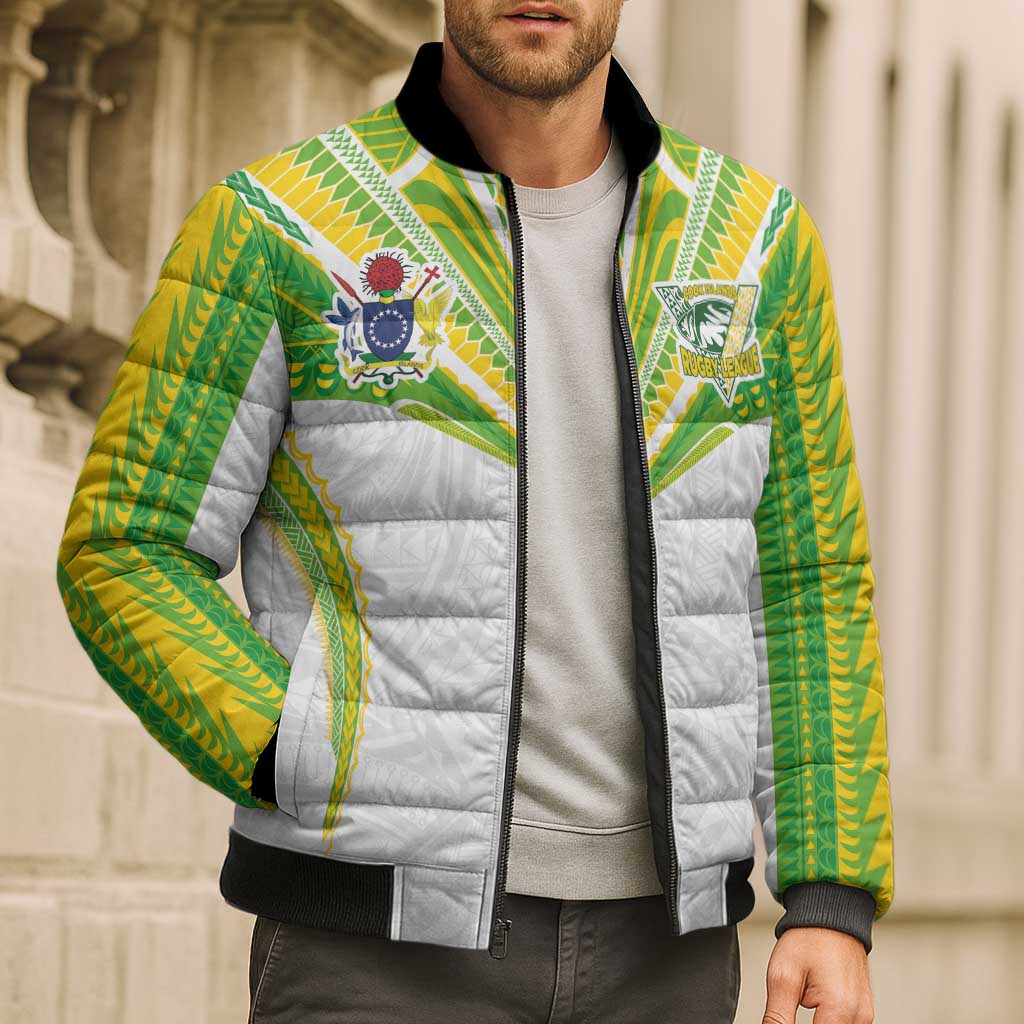 Custom Cook Islands Rugby Bomber Puffer Jacket Tatau Art Sport Style White Color LT03 - Polynesian Pride