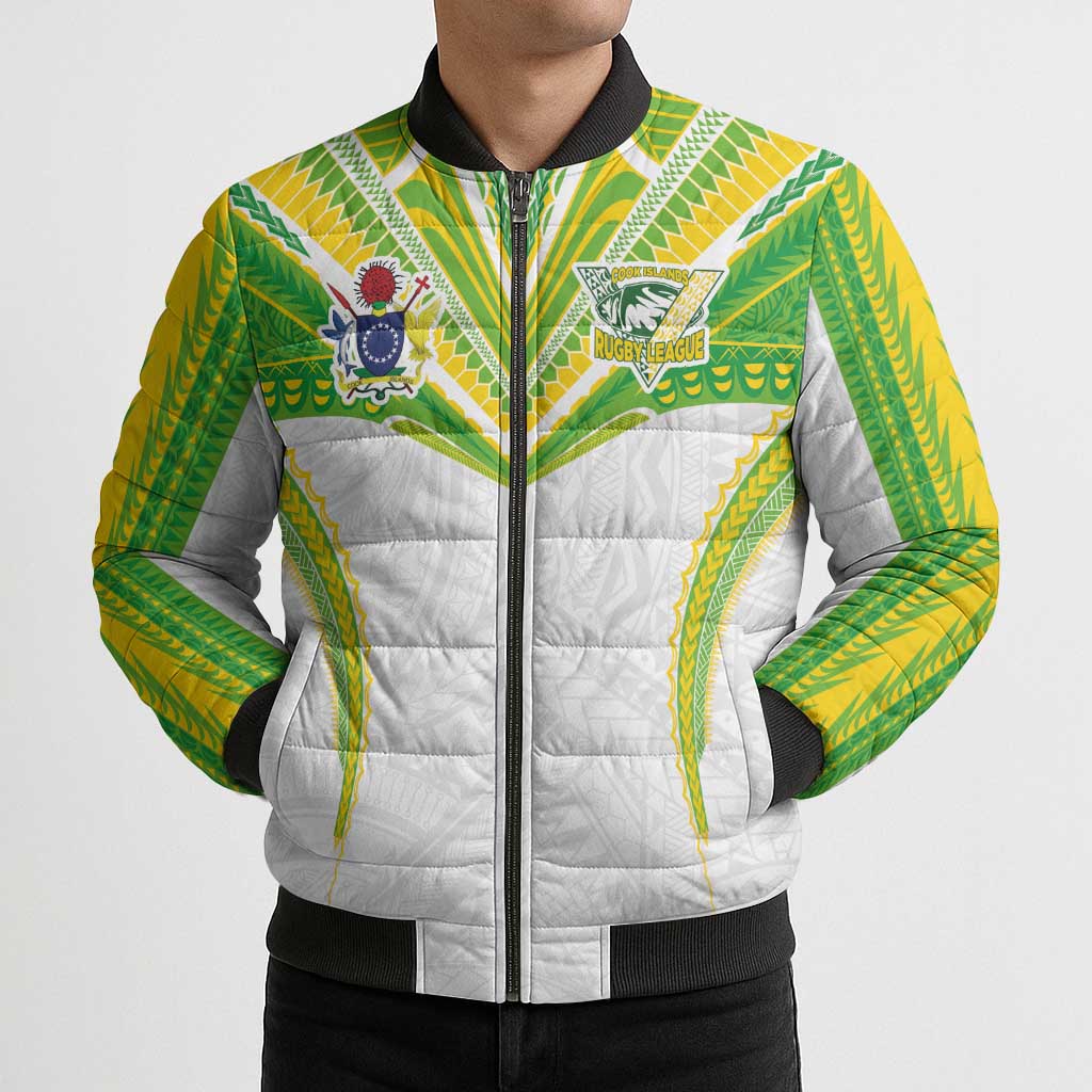 Custom Cook Islands Rugby Bomber Puffer Jacket Tatau Art Sport Style White Color LT03 - Polynesian Pride