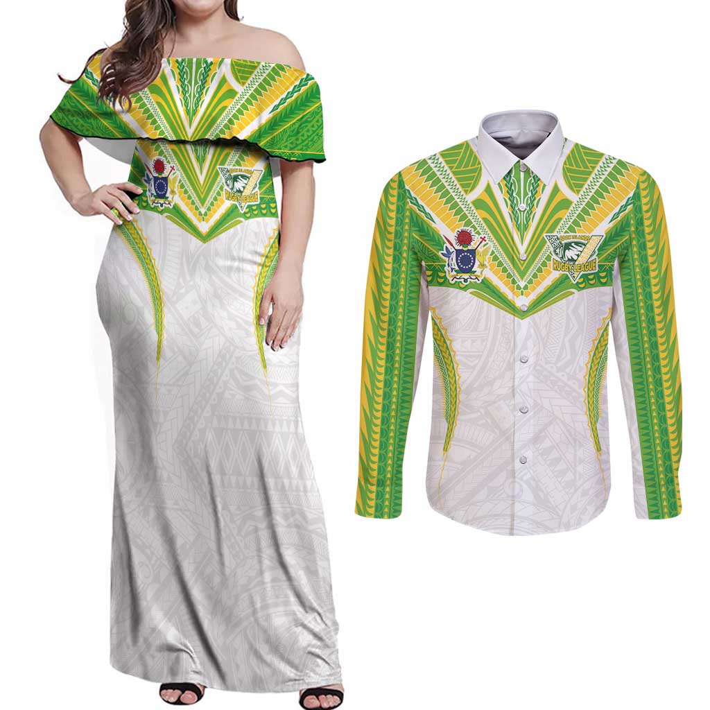Custom Cook Islands Rugby Couples Matching Off Shoulder Maxi Dress and Long Sleeve Button Shirt Tatau Art Sport Style White Color LT03 White - Polynesian Pride