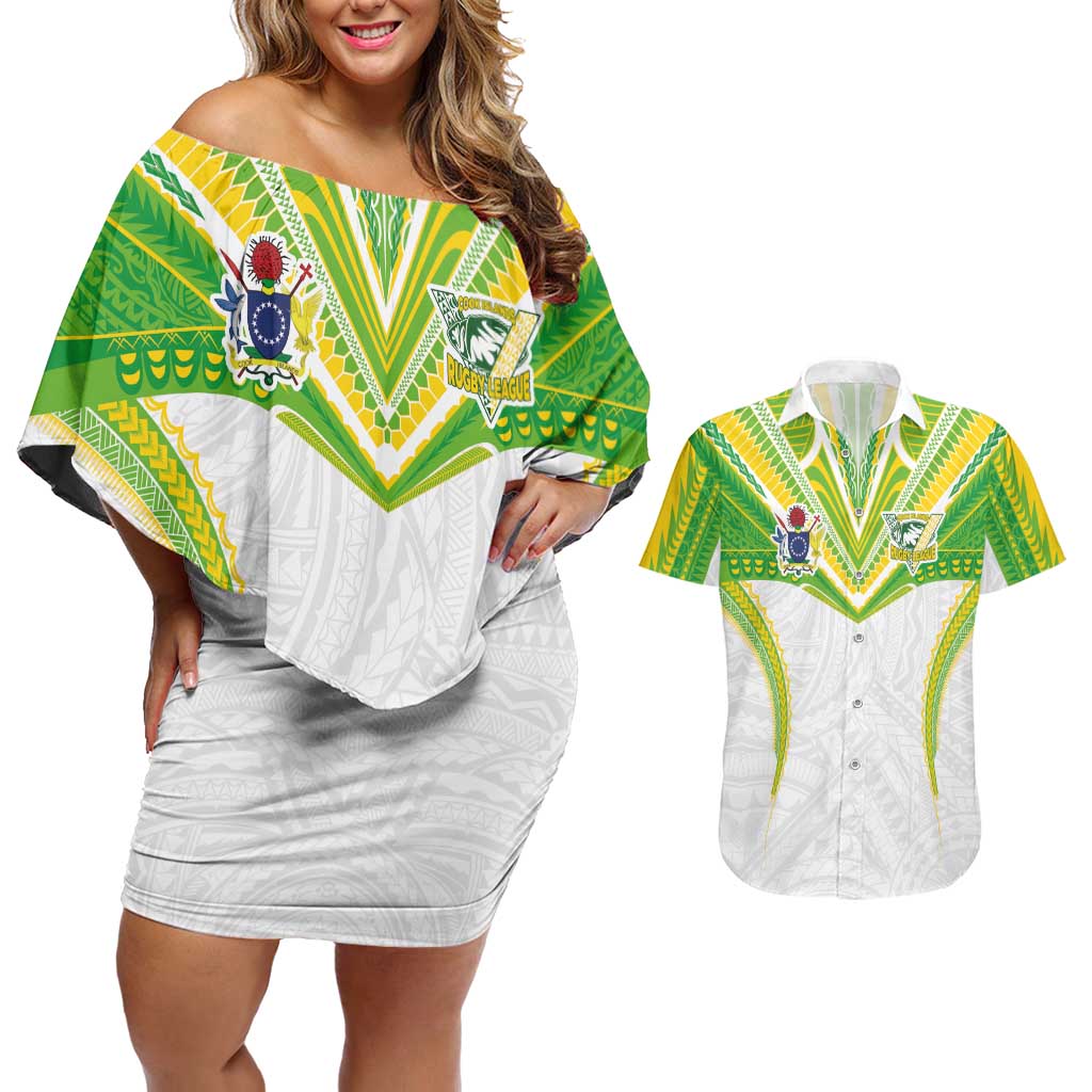 Custom Cook Islands Rugby Couples Matching Off Shoulder Short Dress and Hawaiian Shirt Tatau Art Sport Style White Color