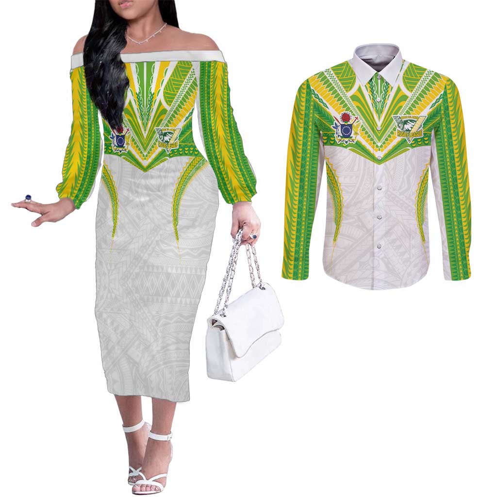 Custom Cook Islands Rugby Couples Matching Off The Shoulder Long Sleeve Dress and Long Sleeve Button Shirt Tatau Art Sport Style White Color LT03 White - Polynesian Pride