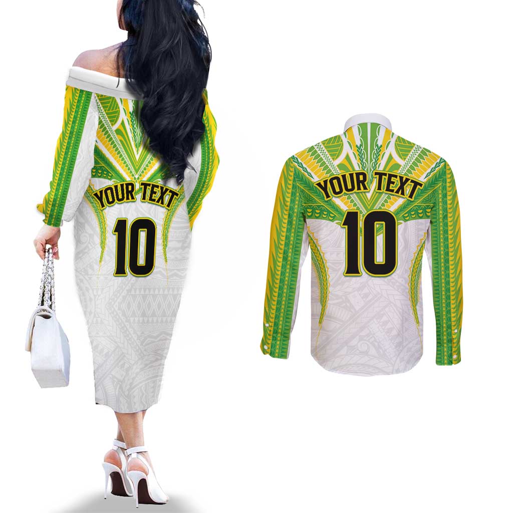 Custom Cook Islands Rugby Couples Matching Off The Shoulder Long Sleeve Dress and Long Sleeve Button Shirt Tatau Art Sport Style White Color