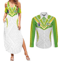Custom Cook Islands Rugby Couples Matching Summer Maxi Dress and Long Sleeve Button Shirt Tatau Art Sport Style White Color