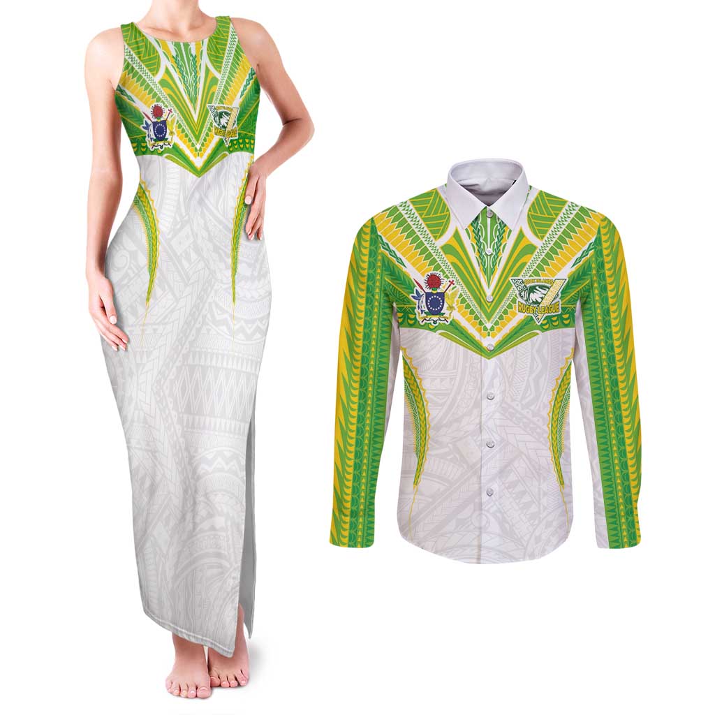Custom Cook Islands Rugby Couples Matching Tank Maxi Dress and Long Sleeve Button Shirt Tatau Art Sport Style White Color LT03 White - Polynesian Pride
