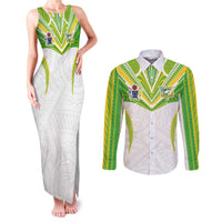 Custom Cook Islands Rugby Couples Matching Tank Maxi Dress and Long Sleeve Button Shirt Tatau Art Sport Style White Color