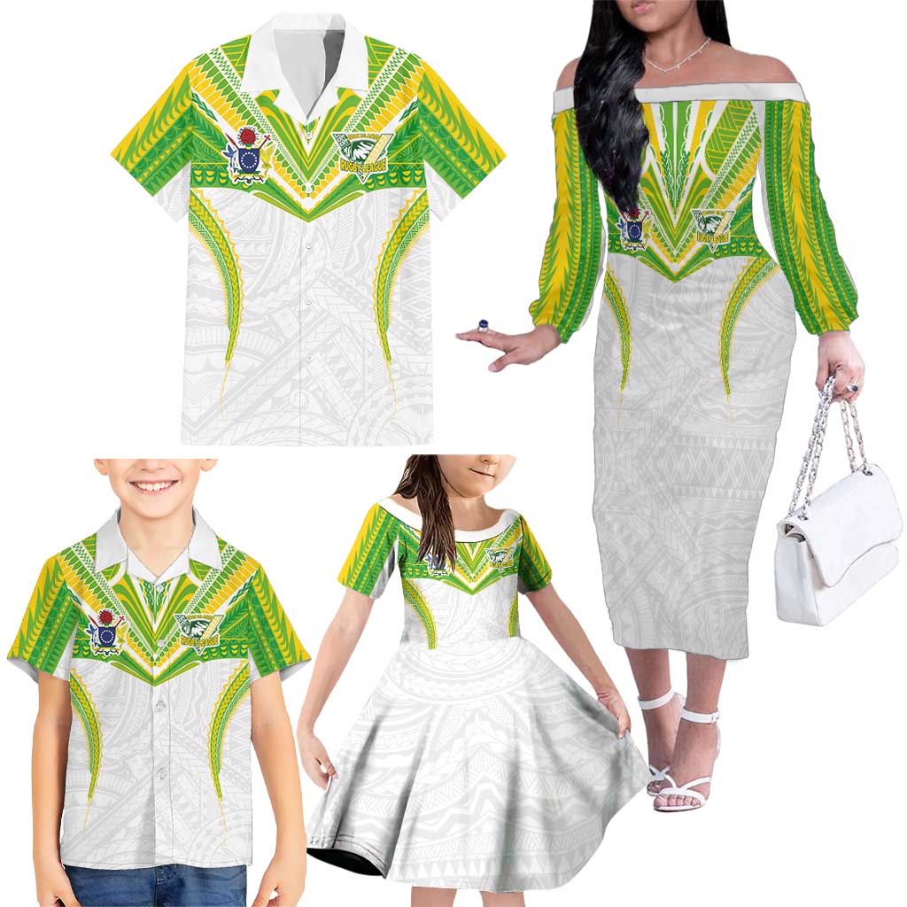 Custom Cook Islands Rugby Family Matching Off The Shoulder Long Sleeve Dress and Hawaiian Shirt Tatau Art Sport Style White Color LT03 - Polynesian Pride