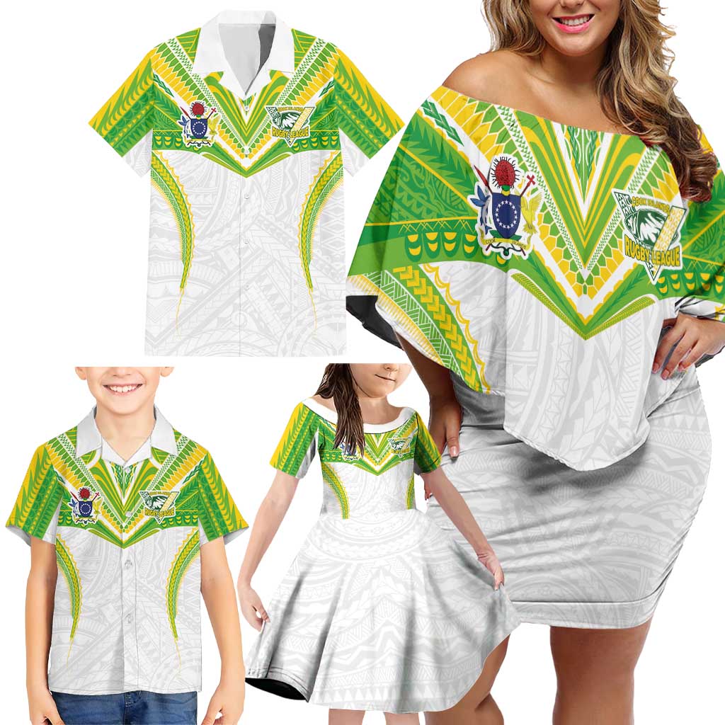 Custom Cook Islands Rugby Family Matching Off Shoulder Short Dress and Hawaiian Shirt Tatau Art Sport Style White Color LT03 - Polynesian Pride