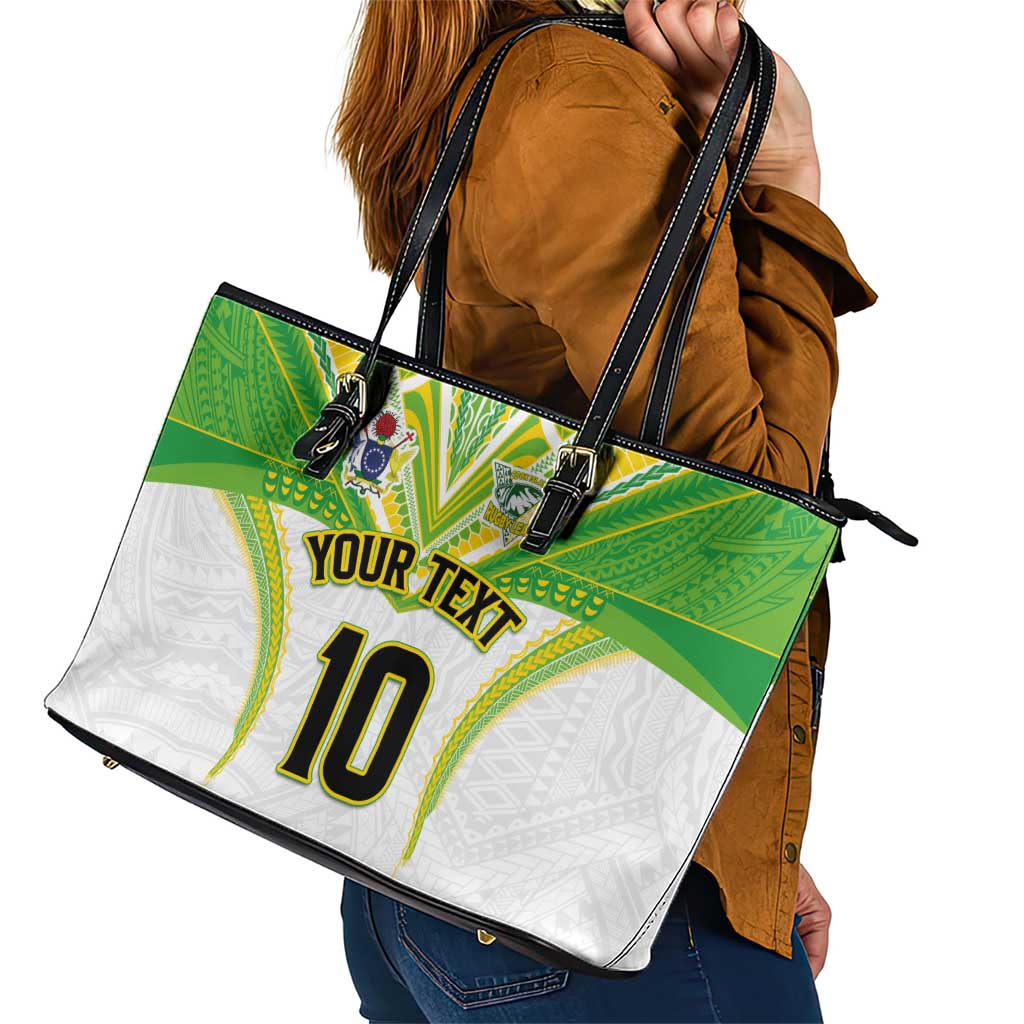 Custom Cook Islands Rugby Leather Tote Bag Tatau Art Sport Style White Color LT03 - Polynesian Pride