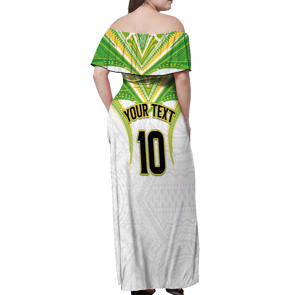 Custom Cook Islands Rugby Off Shoulder Maxi Dress Tatau Art Sport Style White Color LT03 - Polynesian Pride