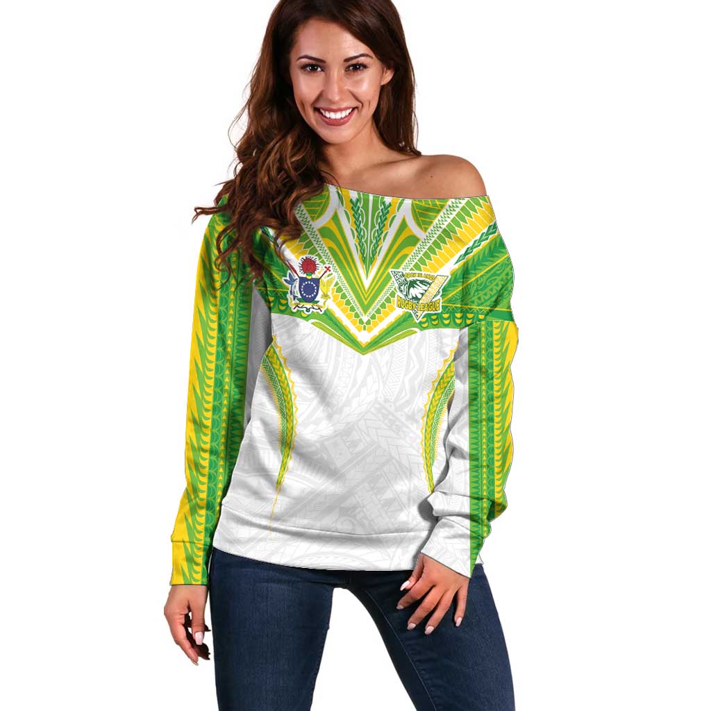 Custom Cook Islands Rugby Off Shoulder Sweater Tatau Art Sport Style White Color LT03 Women White - Polynesian Pride