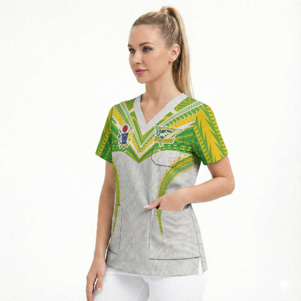 Custom Cook Islands Rugby Scrub Top Tatau Art Sport Style White Color LT03 - Polynesian Pride