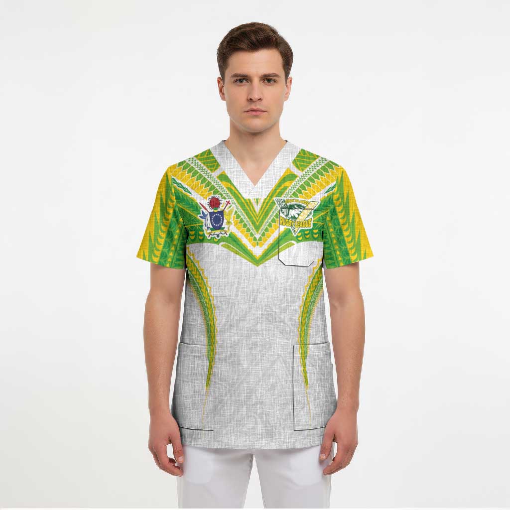 Custom Cook Islands Rugby Scrub Top Tatau Art Sport Style White Color LT03 - Polynesian Pride