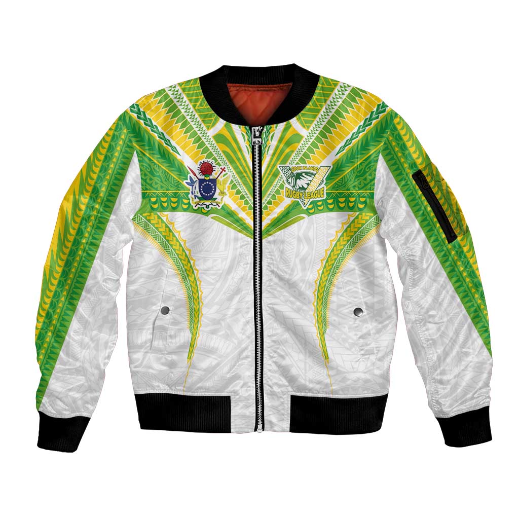 Custom Cook Islands Rugby Sleeve Zip Bomber Jacket Tatau Art Sport Style White Color LT03 Unisex White - Polynesian Pride